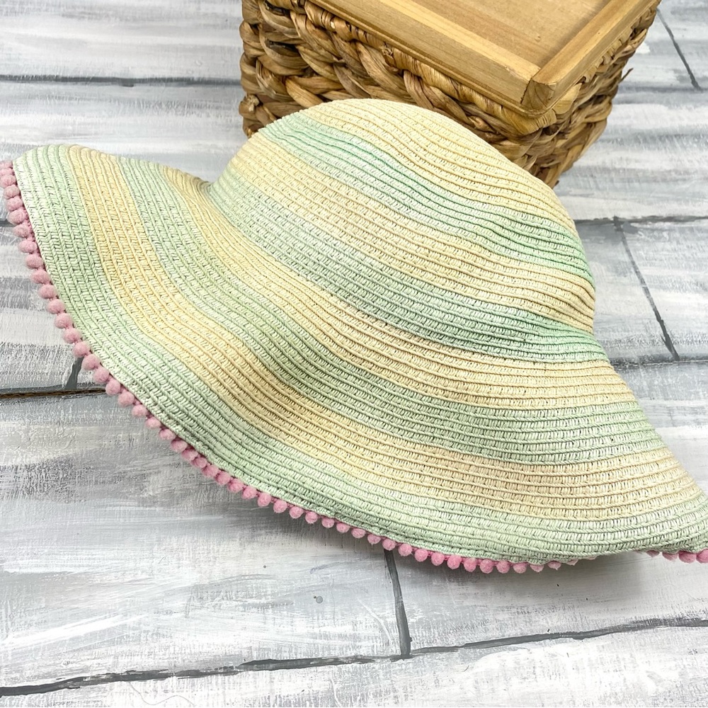 Boho Striped Pom Straw Hat Sun Bleached Floppy Beach Summer Sun Hat Vacation